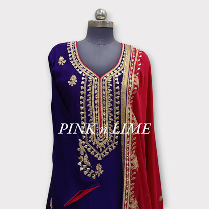 PARTY WEAR SUIT WITH GOTA WORK IN CHIFFON FABRIC, 3 PC SUIT SET DUPTTA KURTI AND PLAZO