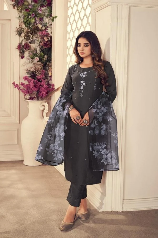 Stitched Silk Suit (Dark grey): Hand Embroidered Kurta, Embroidered Pants & Floral Dupatta