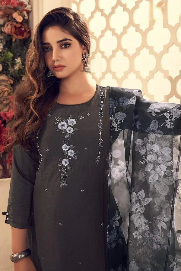 Stitched Silk Suit (Dark grey): Hand Embroidered Kurta, Embroidered Pants & Floral Dupatta