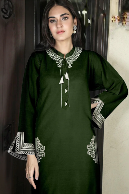 Designer Embroidered Tunic green color with Sleeves paired with Designer Cigarette pants