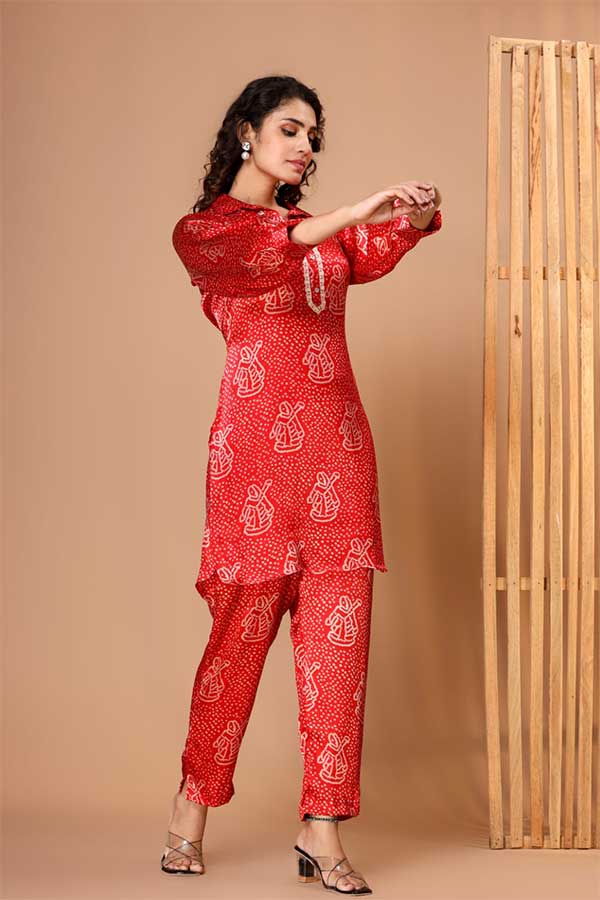 Ravishing Red Bandhini Coord Set: Viscose Modal Silk, Lace, and Pure Style