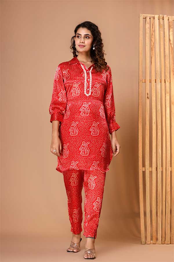 Ravishing Red Bandhini Coord Set: Viscose Modal Silk, Lace, and Pure Style