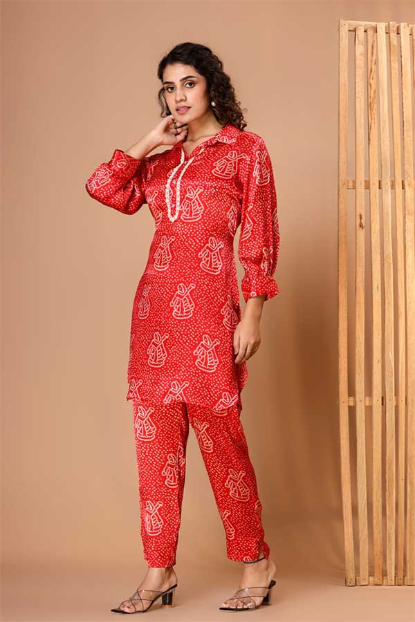 Ravishing Red Bandhini Coord Set: Viscose Modal Silk, Lace, and Pure Style