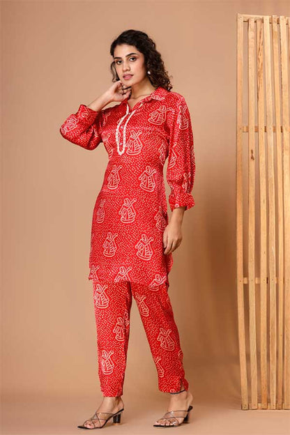 Ravishing Red Bandhini Coord Set: Viscose Modal Silk, Lace, and Pure Style