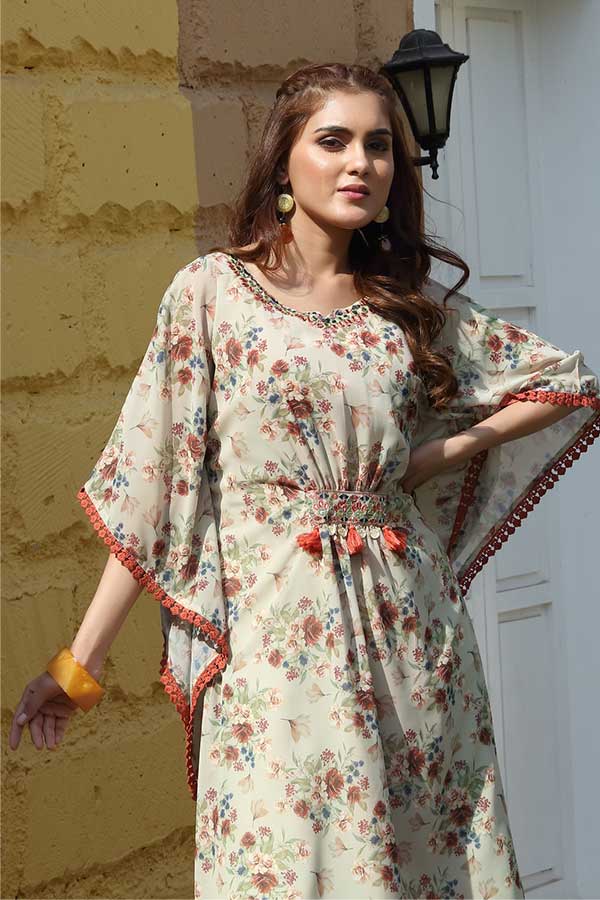 EXQUISITE PRINTED KAFTAN WITH EMBELLISHMENTS AND TASSELS