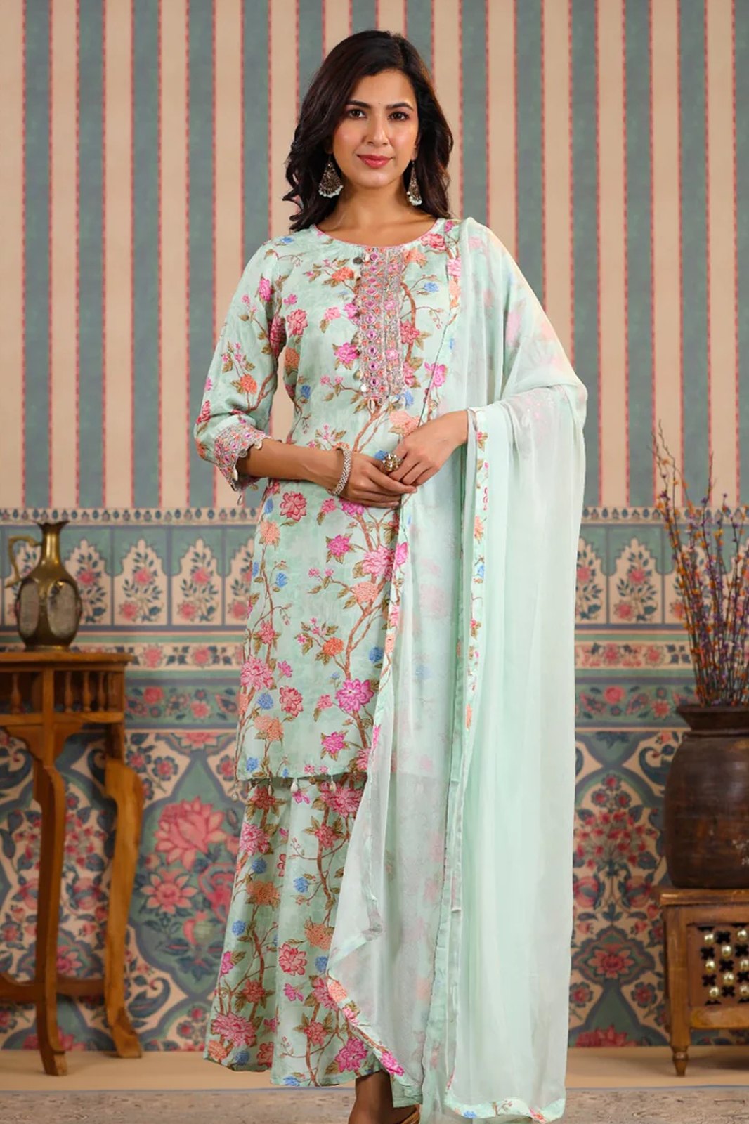 VIBRANT MUSLIN BLISS: HAND-EMBROIDERED KURTA WITH KALIDAR SHARARA ...