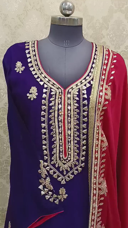 PARTY WEAR SUIT WITH GOTA WORK IN CHIFFON FABRIC, 3 PC SUIT SET DUPTTA KURTI AND PLAZO