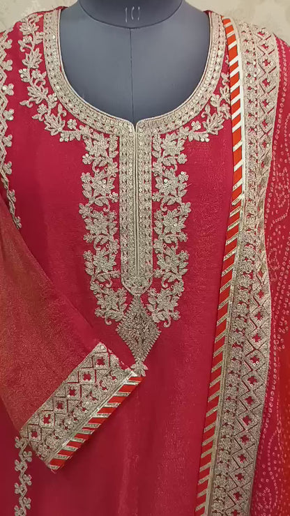 PARTY WEAR SUT WITH SHIMMER SILK FABRIC, HEAVY SKIRT WITH ZARI WORK AND DUPATTA BEAUTIFULY BORDER AND TO SHADES PINK ORANGE