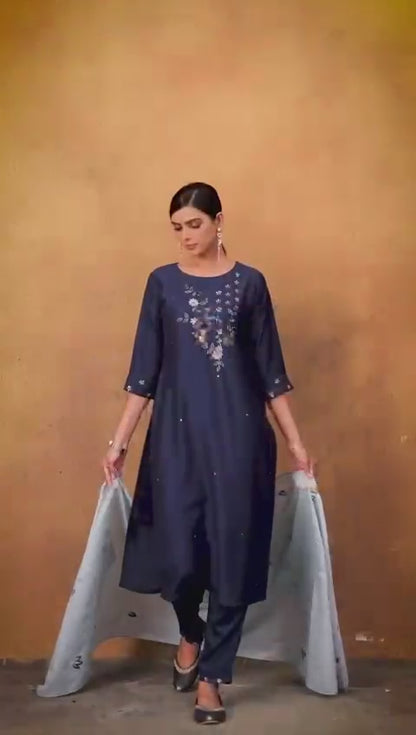 Stitched Silk Suit (Blue): Hand Embroidered Kurta, Embroidered Pants & Floral Dupatta